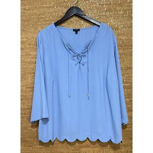 Talbots Womens Blouse Blue Solid 3/4 Sleeve Scalloped Hem Lace Up Top Boho 3X